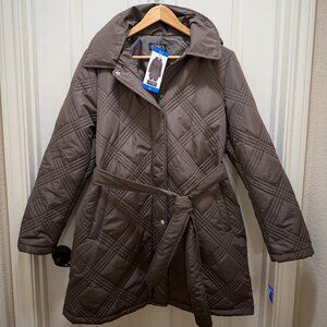 Jones New York Women's Quilted Hooded Belted Jacket Coat Size L Brown Warm (New)